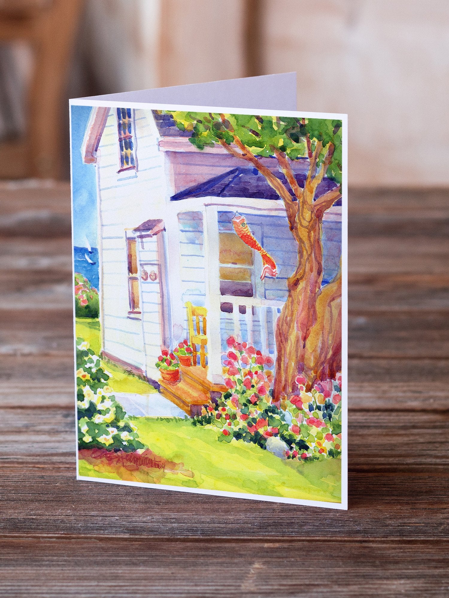 Buy this White Cottage at the beach Greeting Cards and Envelopes Pack of 8