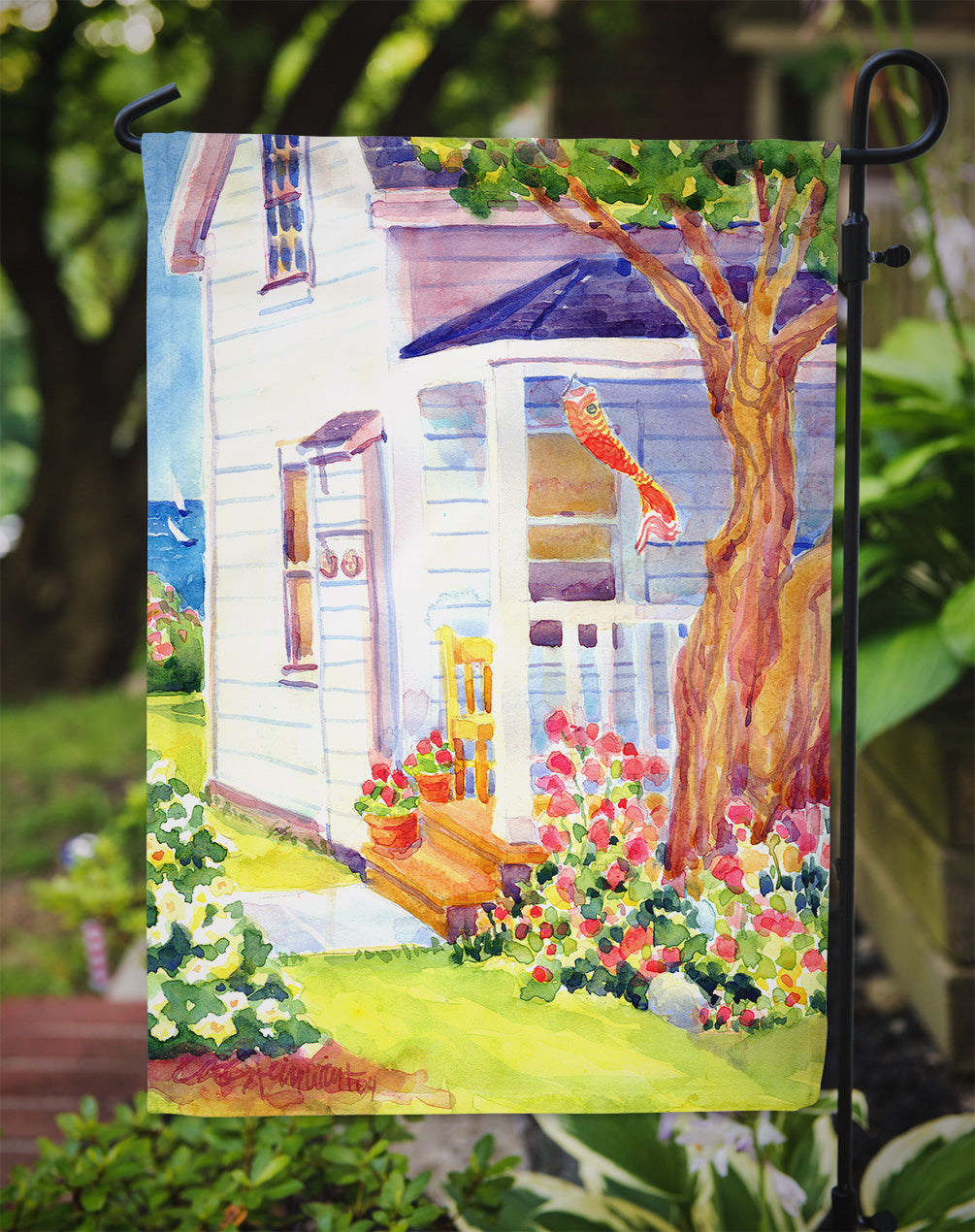 White Cottage House at the lake or Beach Flag Garden Size.