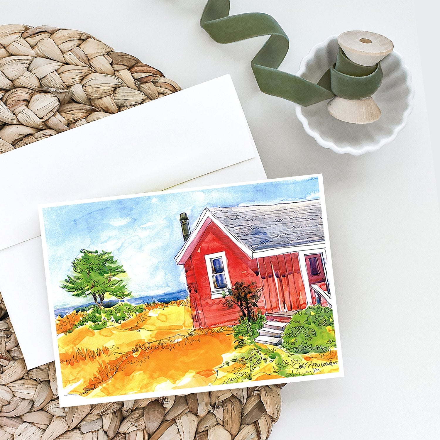 Old Red Cottage House at the lake or Beach Greeting Cards and Envelopes Pack of 8 - the-store.com