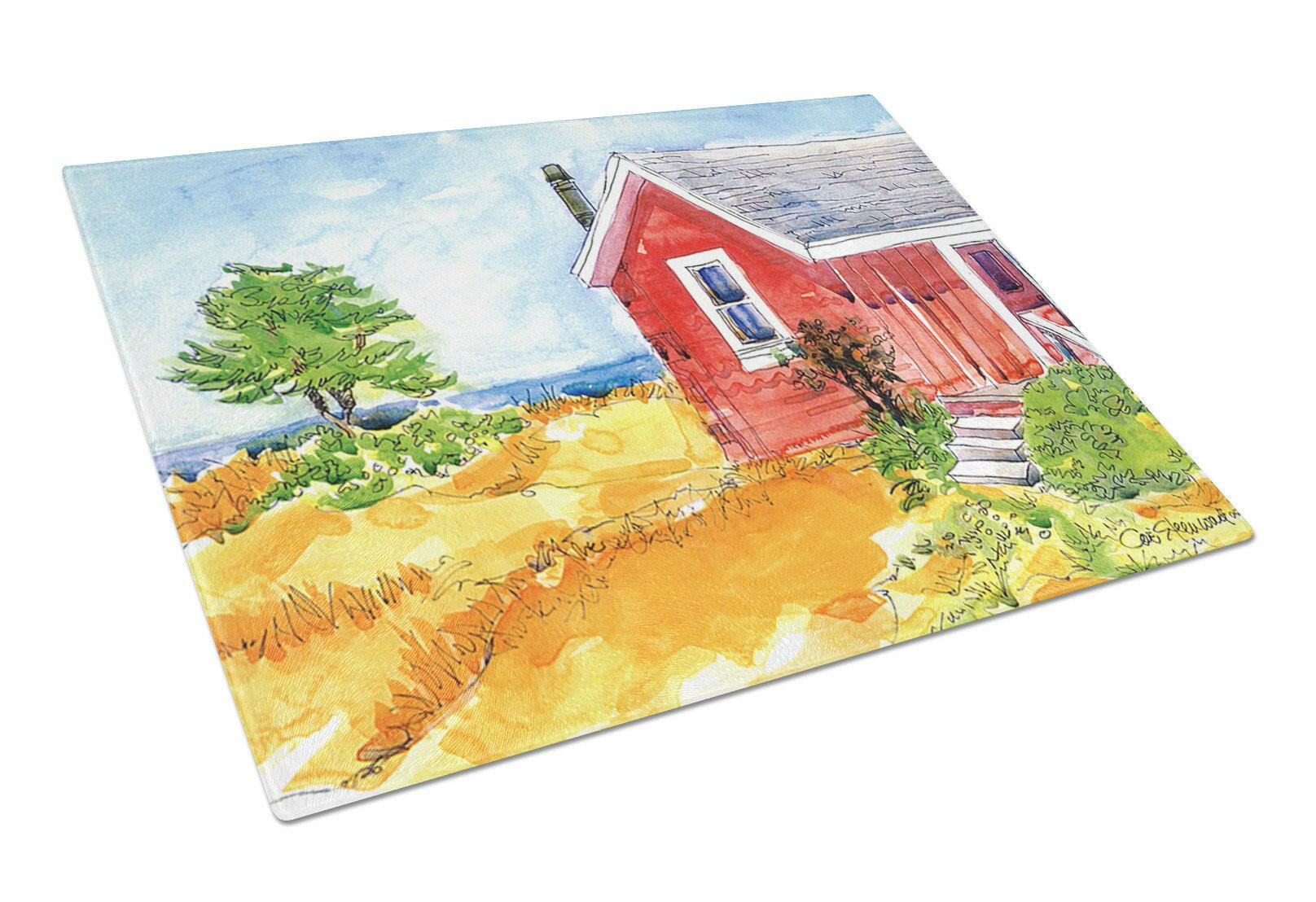 Old Red Cottage House at the lake or Beach Glass Cutting Board Large by Caroline's Treasures