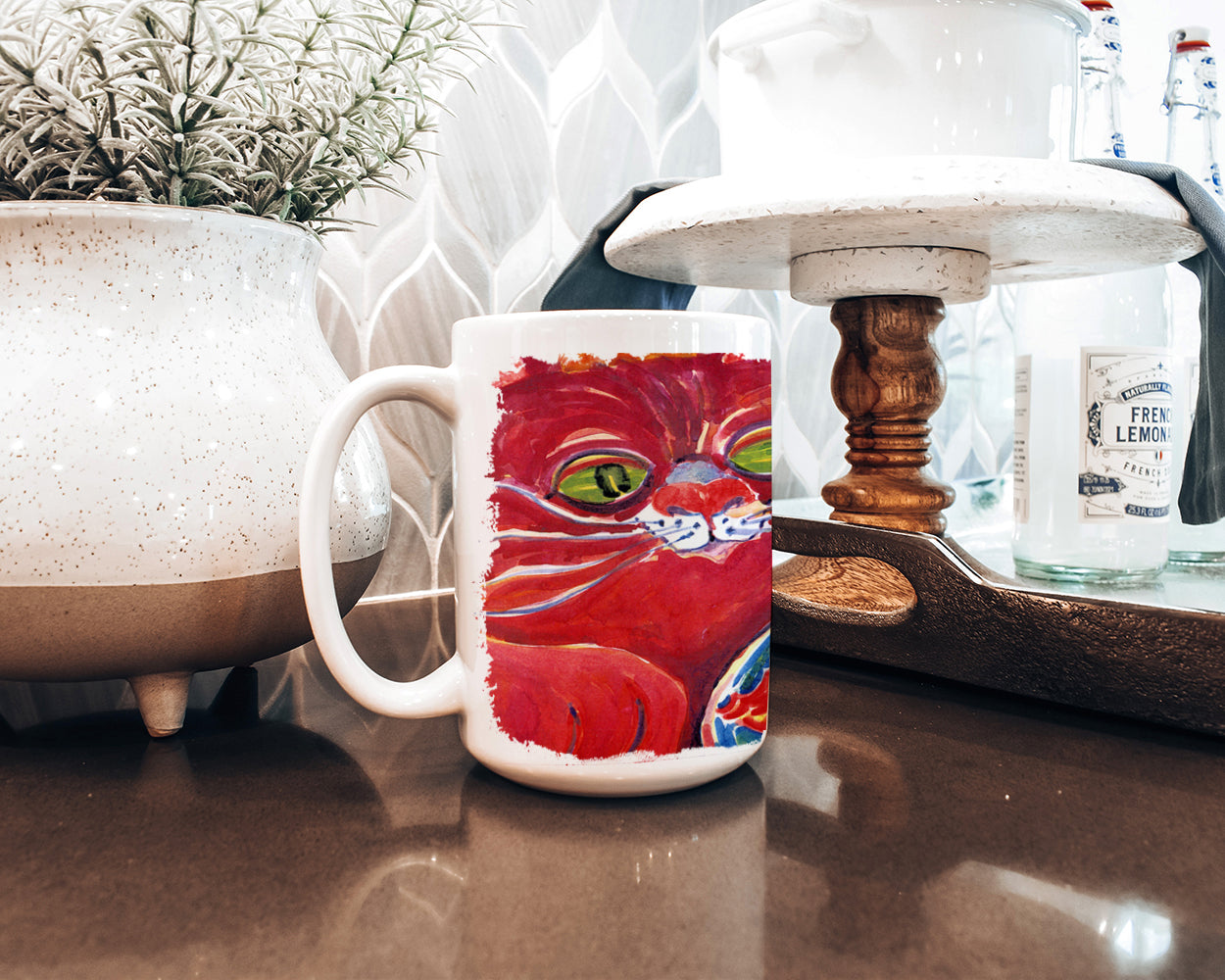 Big Red Cat at the fishbowl Dishwasher Safe Microwavable Ceramic Coffee Mug 15 ounce 6048CM15