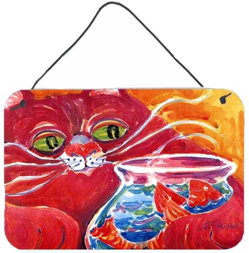 Big Red Cat at the fishbowl Indoor Aluminium Metal Wall or Door Hanging Prints by Caroline&#39;s Treasures