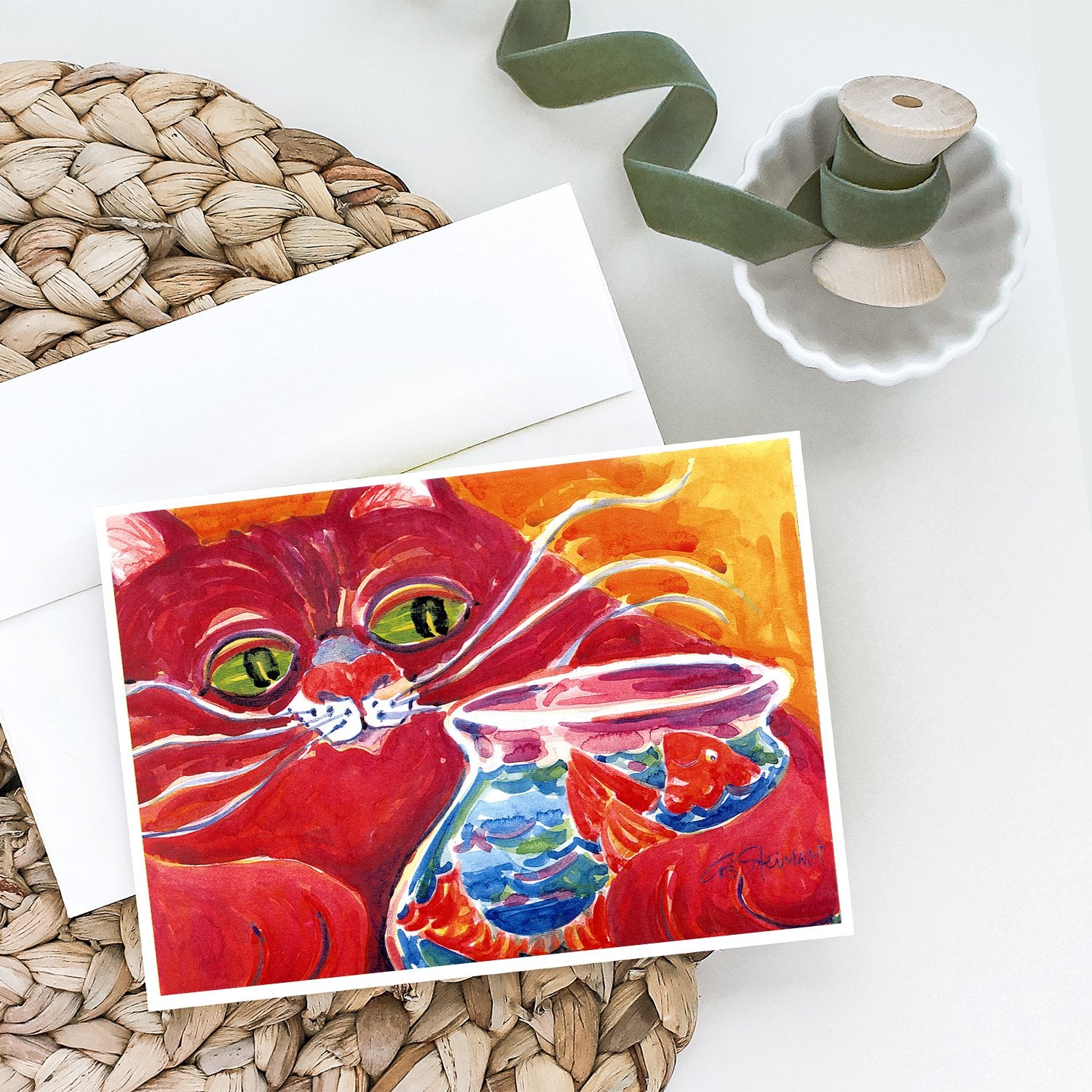 Big Red Cat at the fishbowl Greeting Cards and Envelopes Pack of 8 - the-store.com
