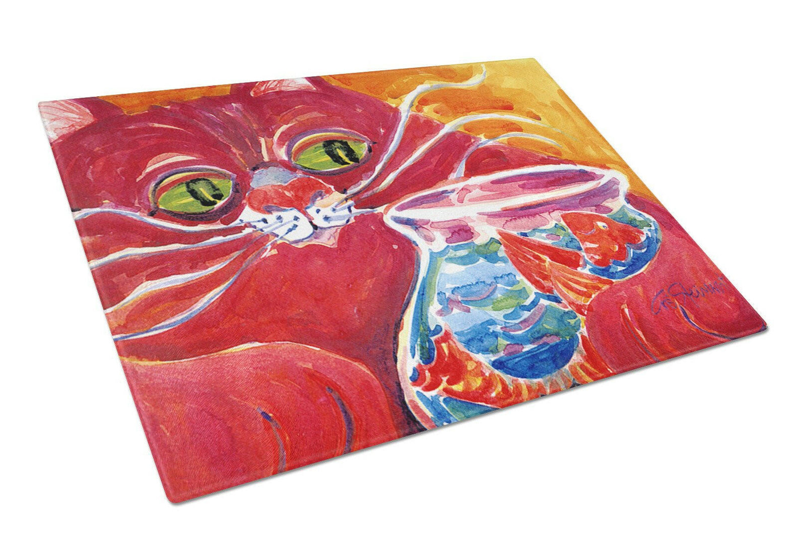 Big Red Cat at the fishbowl Glass Cutting Board Large by Caroline's Treasures
