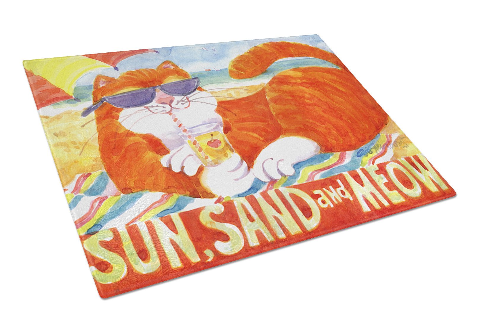 Orange Tabby at the beach Glass Cutting Board Large by Caroline's Treasures