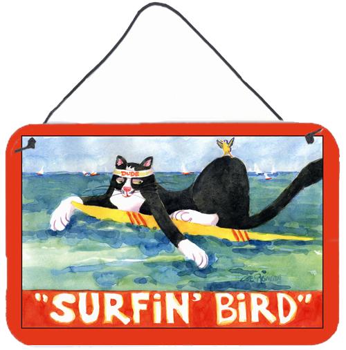 Black and white Cat Surfin Bird Indoor Wall or Door Hanging Prints by Caroline&#39;s Treasures