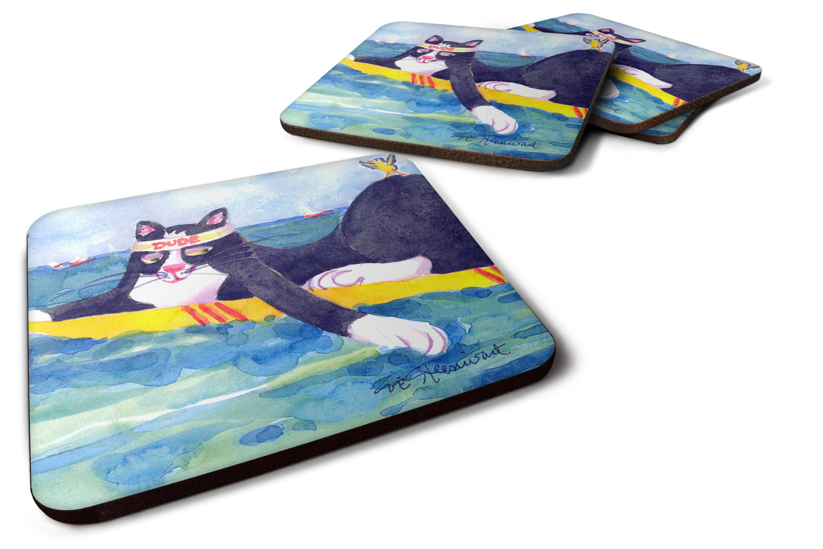 Set of 4 Black and white Cat Surfin Bird Foam Coasters - the-store.com
