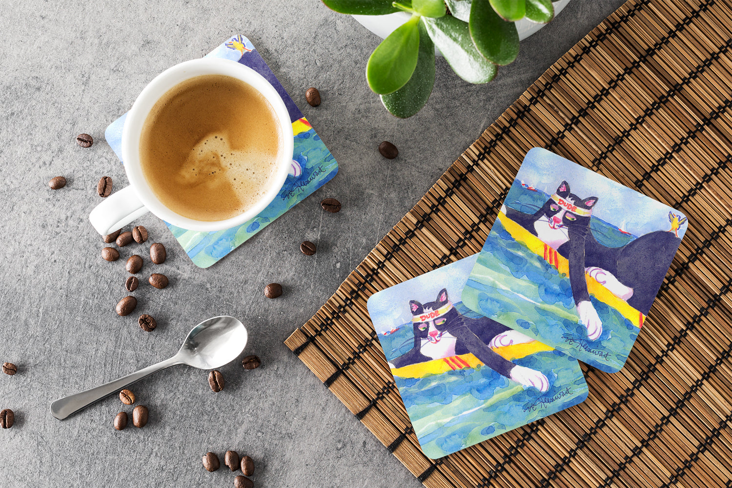 Set of 4 Black and white Cat Surfin Bird Foam Coasters - the-store.com
