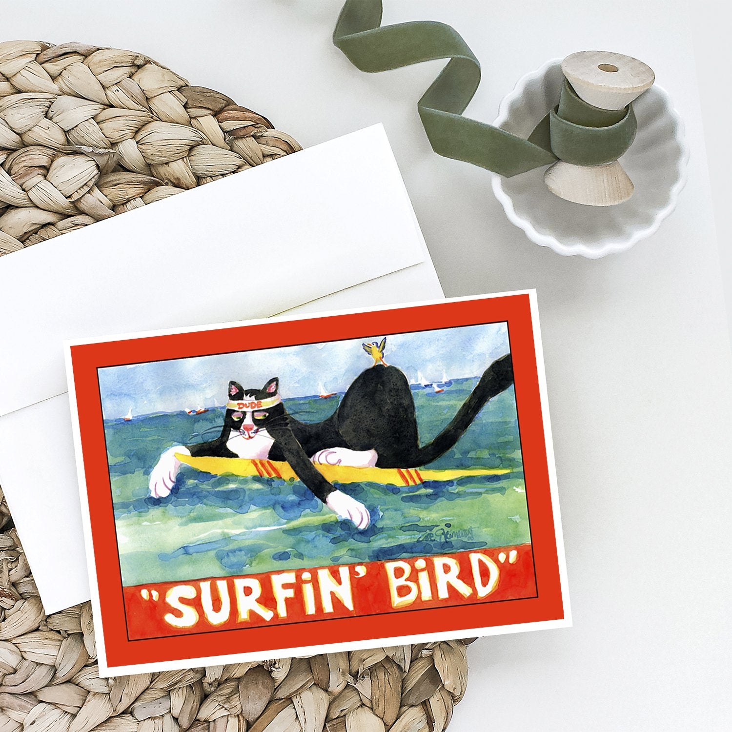 Buy this Black and white Cat Surfin Bird Greeting Cards and Envelopes Pack of 8