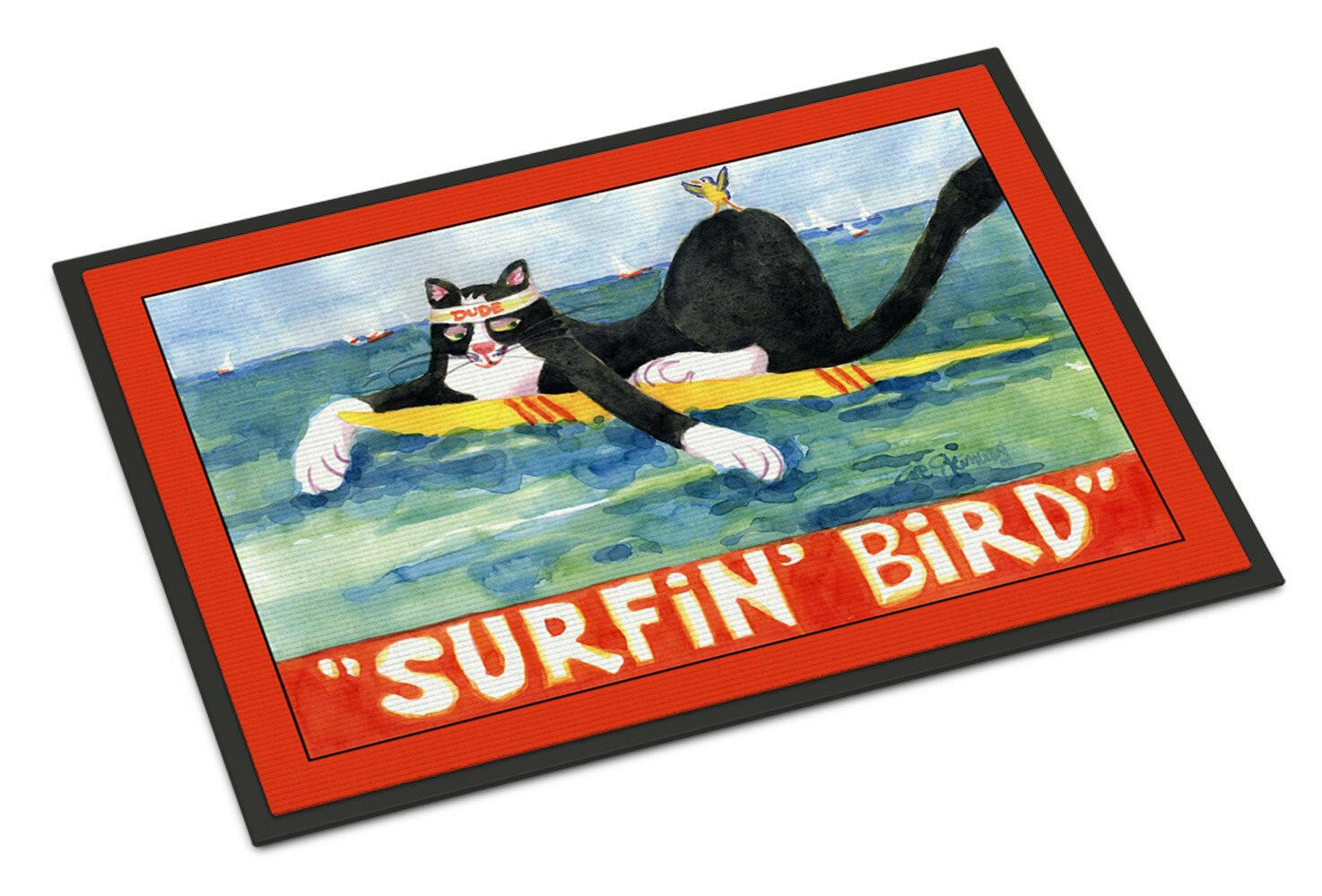 Black and white Cat Surfin Bird Indoor or Outdoor Mat 24x36 Doormat - the-store.com