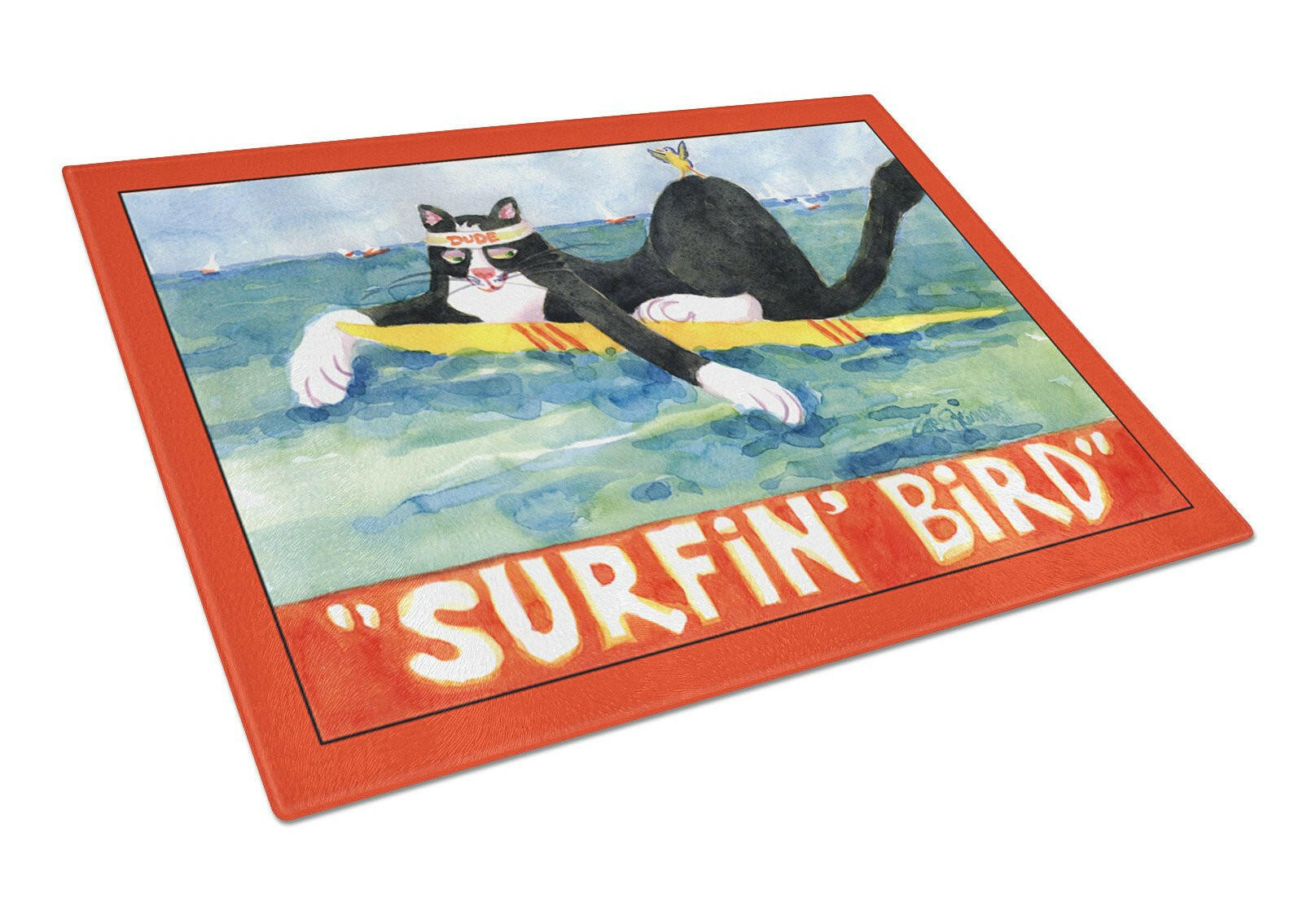 Black and white Cat Surfin Bird Glass Cutting Board Large by Caroline's Treasures
