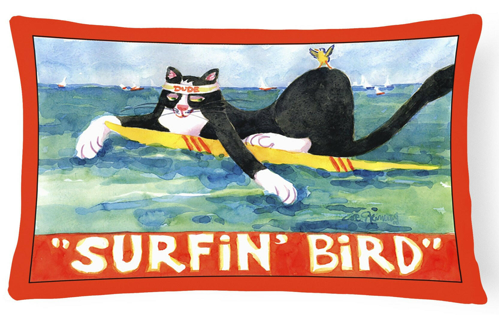 Black and white Cat Surfin Bird Decorative   Canvas Fabric Pillow by Caroline's Treasures