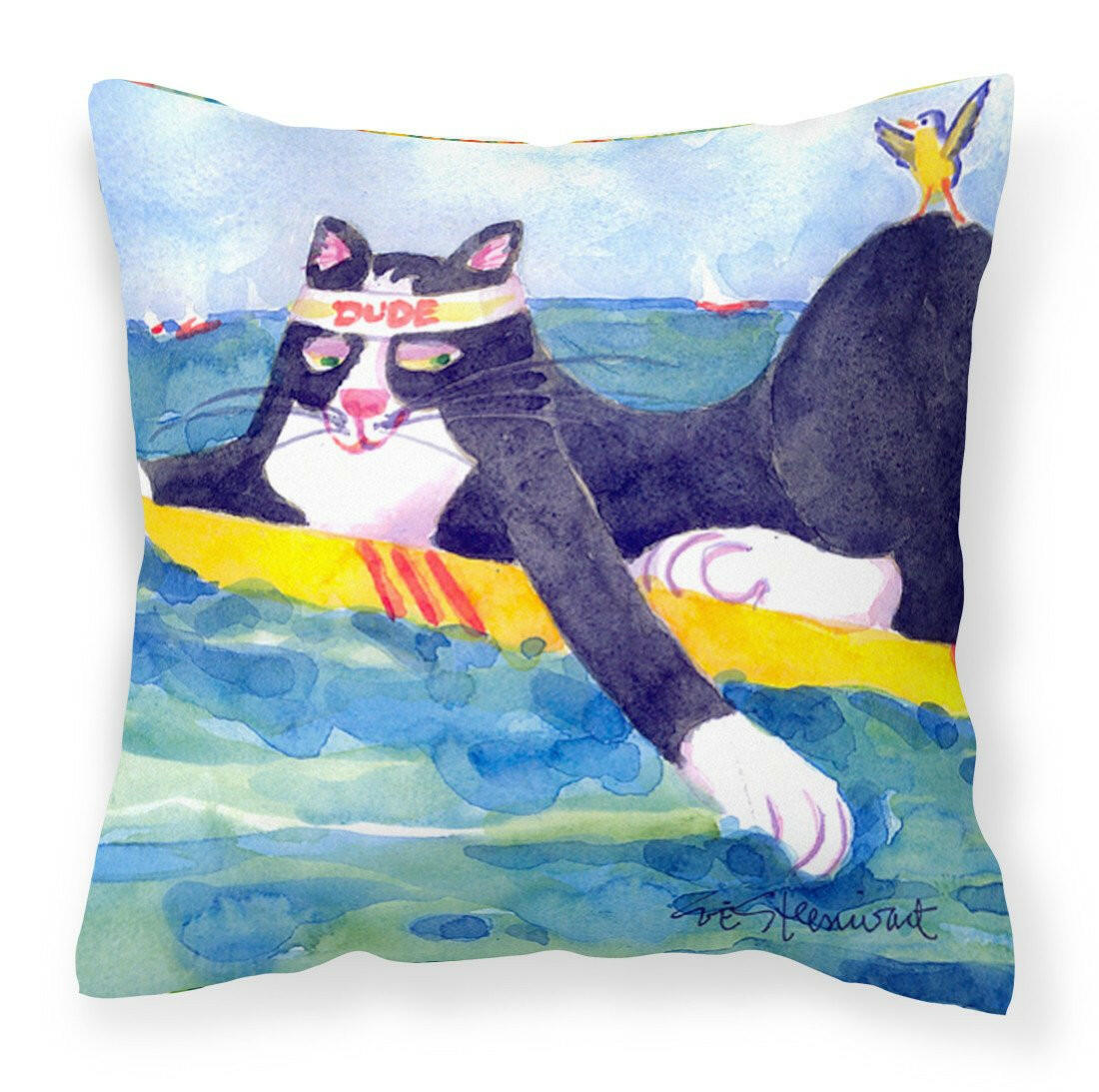 Black and white Cat Surfin Bird Decorative   Canvas Fabric Pillow - the-store.com