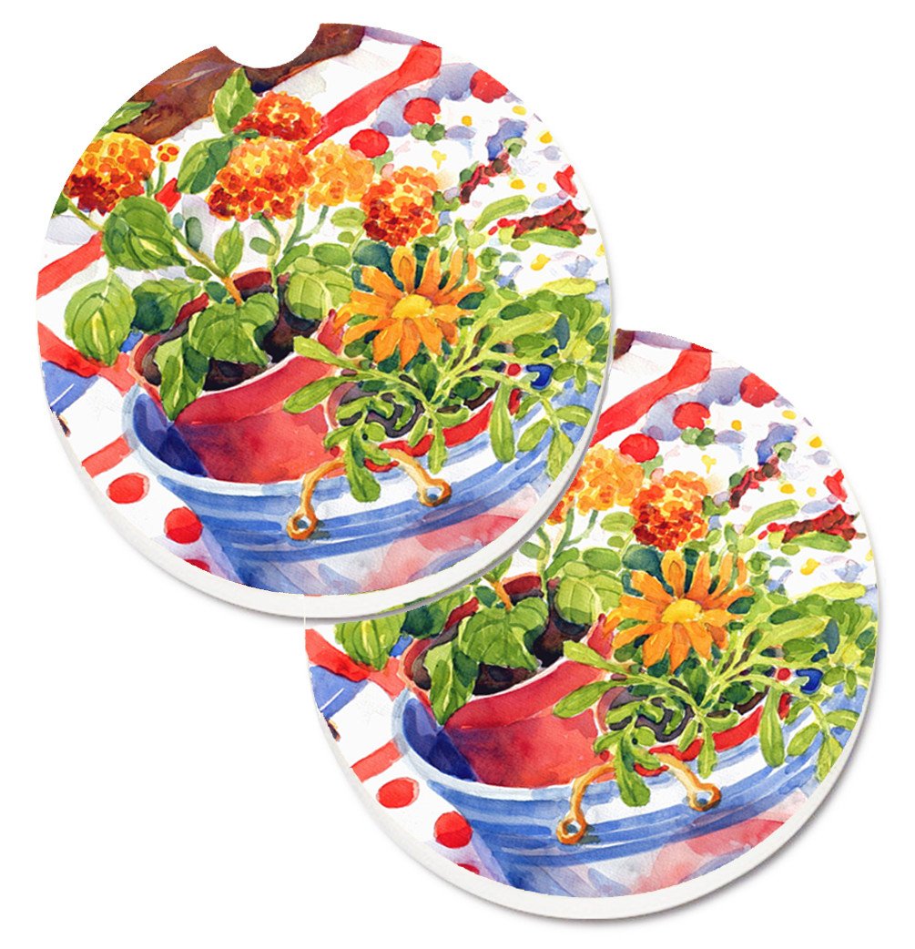 Flowers with a side of lemons Set of 2 Cup Holder Car Coasters 6058CARC by Caroline&#39;s Treasures