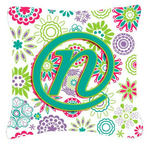 Letter N Flowers Pink Teal Green Initial Canvas Fabric Decorative Pillow CJ2011-NPW1414 by Caroline&#39;s Treasures