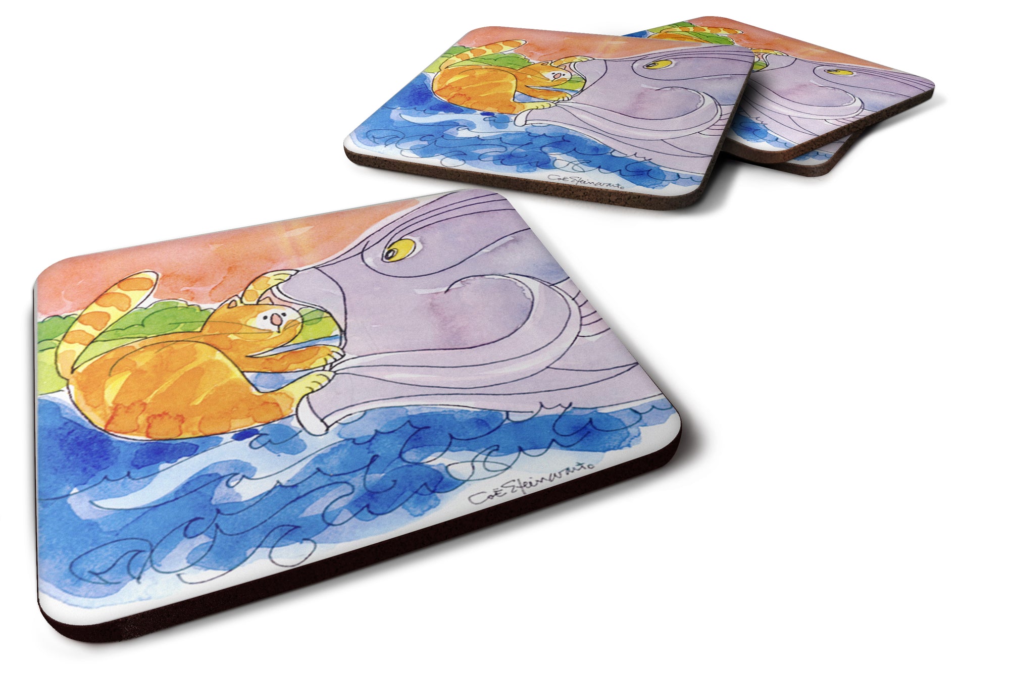 Set of 4 Cat and the Big Fish Foam Coasters - the-store.com