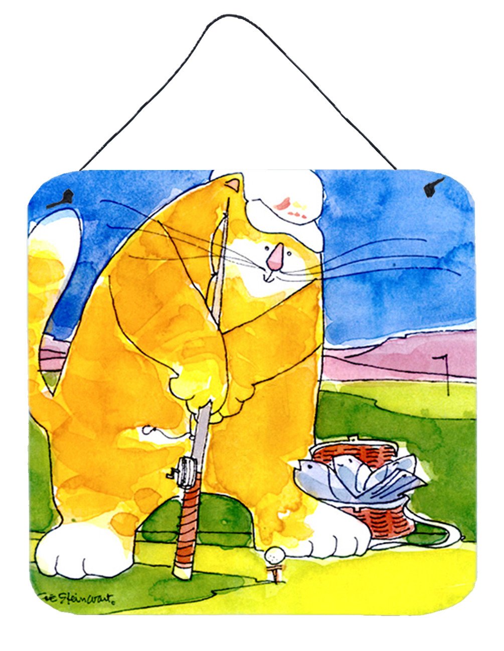 Big Cat golfing with a fishing pole  Wall or Door Hanging Prints by Caroline&#39;s Treasures
