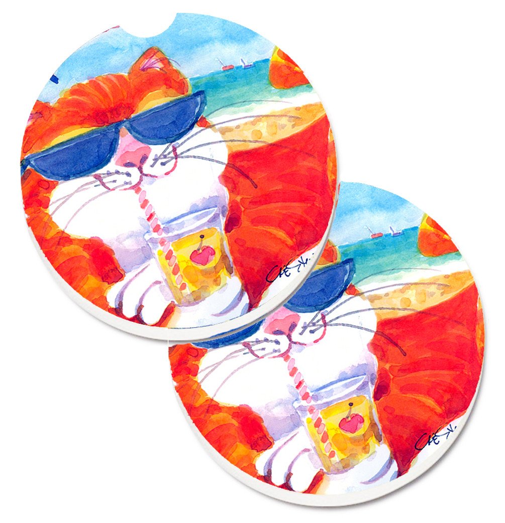 Cool Cat with Sunglasses at the beach Set of 2 Cup Holder Car Coasters 6118CARC by Caroline&#39;s Treasures