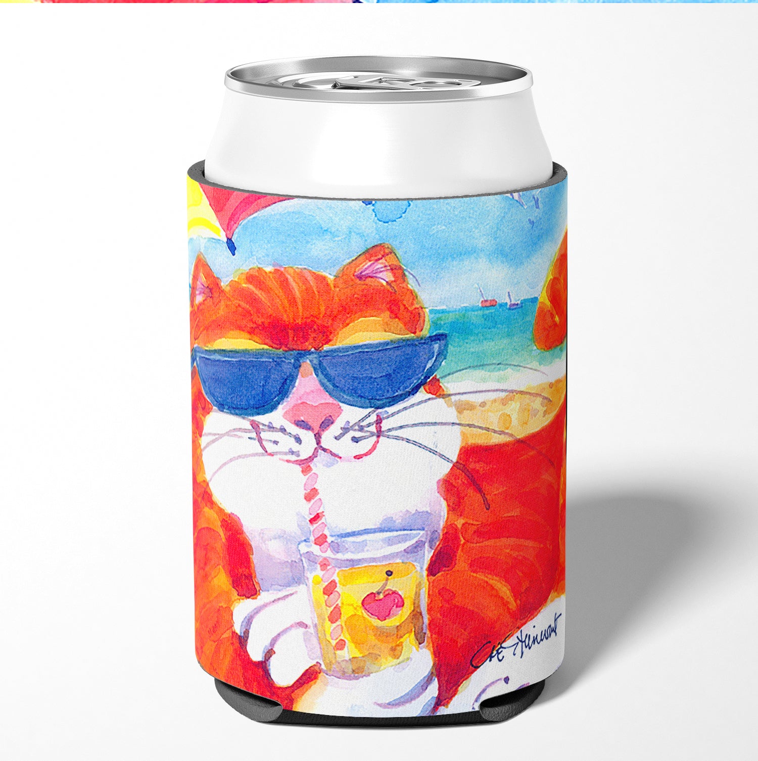 Cool Cat with Sunglasses at the beach Can or Bottle Beverage Insulator Hugger.