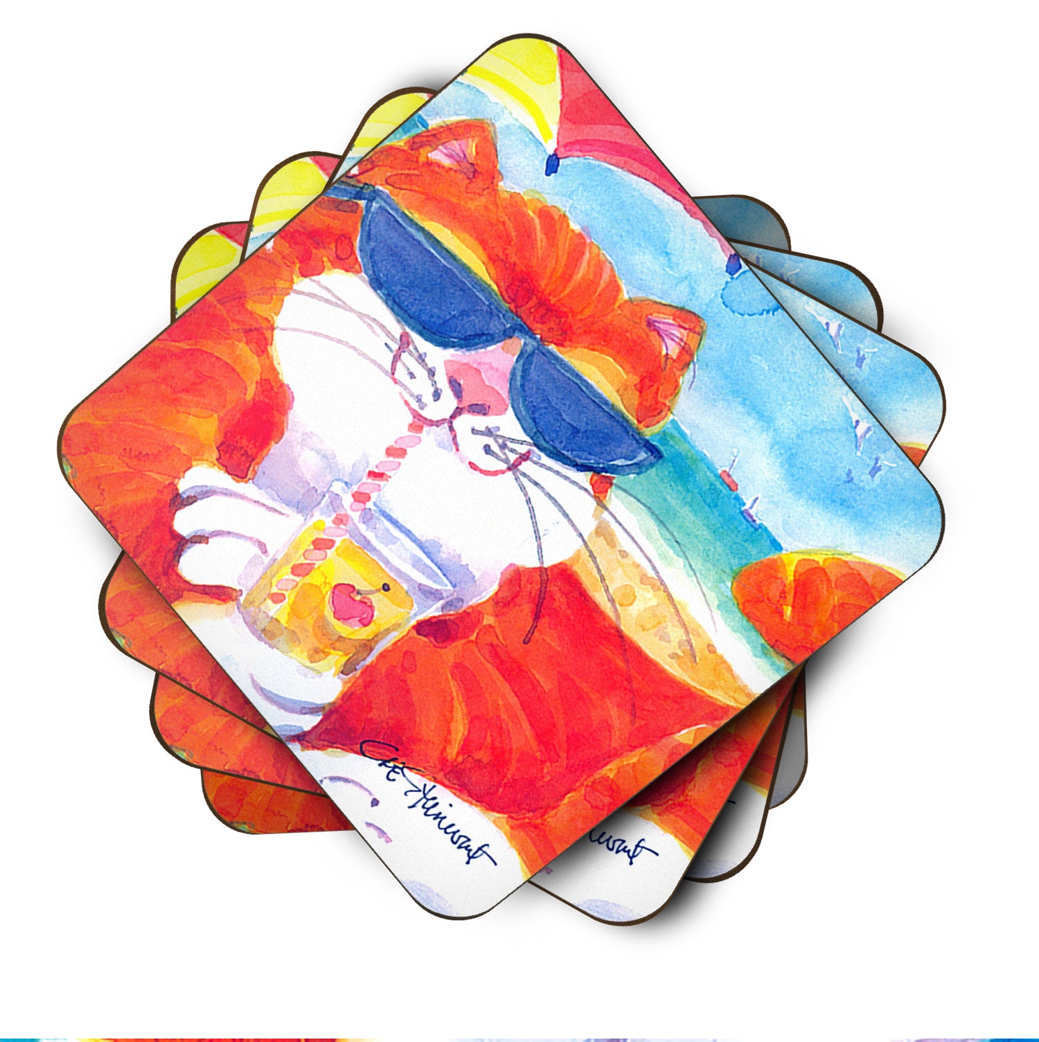 Set of 4 Cool Cat with Sunglasses at the beach Foam Coasters - the-store.com