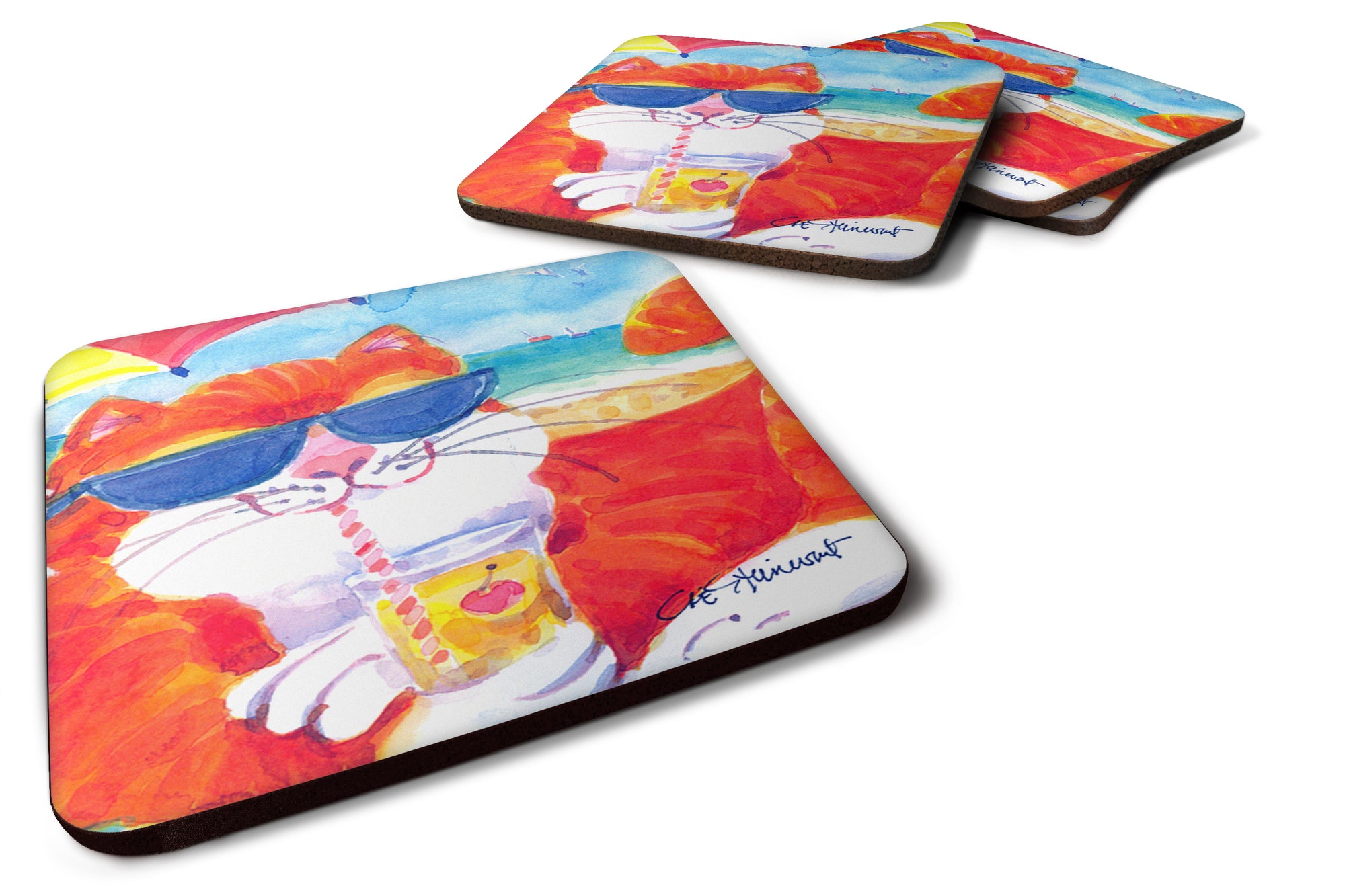 Set of 4 Cool Cat with Sunglasses at the beach Foam Coasters - the-store.com