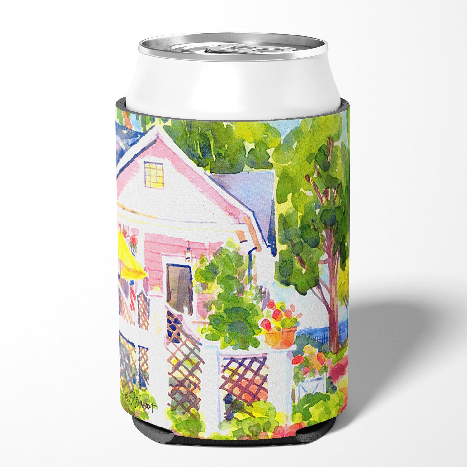 White Cottage at the beach Can or Bottle Beverage Insulator Hugger.