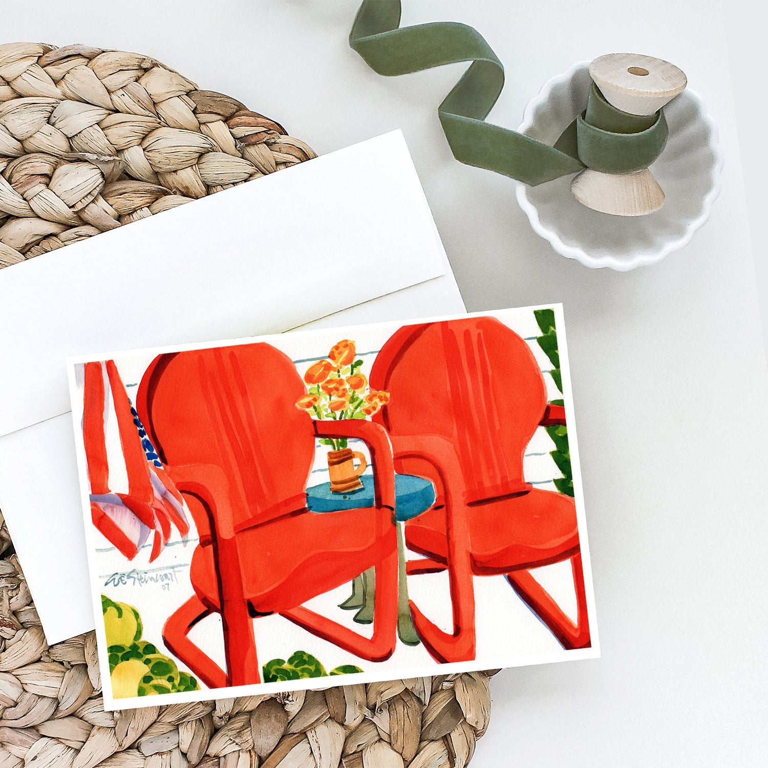 Buy this Red Chairs Patio View Greeting Cards and Envelopes Pack of 8