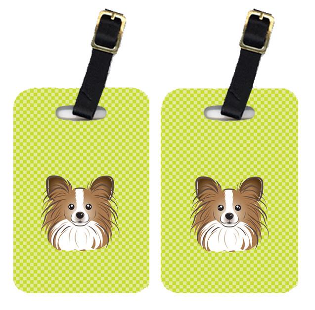 Pair of Checkerboard Lime Green Papillon Luggage Tags BB1310BT by Caroline&#39;s Treasures