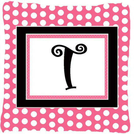 Letter T Initial Monogram Pink Black Polka Dots Decorative Canvas Fabric Pillow - the-store.com
