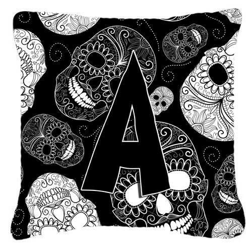 Letter A Day of the Dead Skulls Black Canvas Fabric Decorative Pillow CJ2008-APW1414 by Caroline&#39;s Treasures