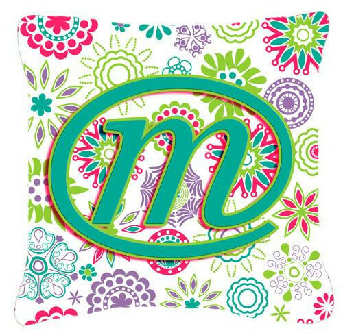 Letter M Flowers Pink Teal Green Initial Canvas Fabric Decorative Pillow CJ2011-MPW1414 by Caroline&#39;s Treasures