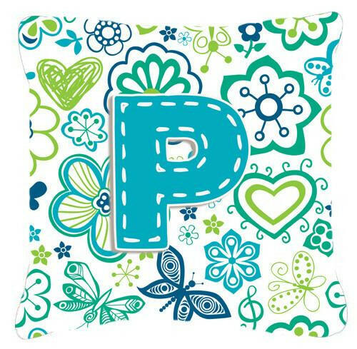 Letter P Flowers and Butterflies Teal Blue Canvas Fabric Decorative Pillow CJ2006-PPW1414 by Caroline&#39;s Treasures