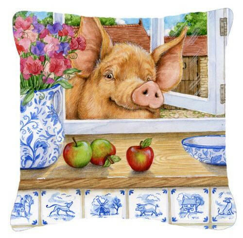 Pig trying to reach the Apple in the Window Canvas Decorative Pillow CDCO0352PW1414 - the-store.com