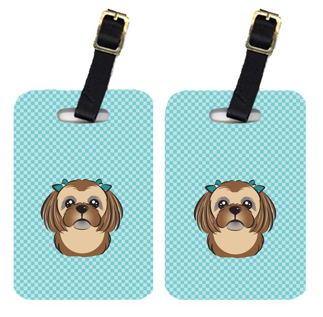 Pair of Checkerboard Blue Chocolate Brown Shih Tzu Luggage Tags BB1187BT by Caroline&#39;s Treasures