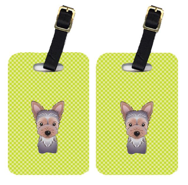 Pair of Checkerboard Lime Green Yorkie Puppy Luggage Tags BB1294BT by Caroline&#39;s Treasures