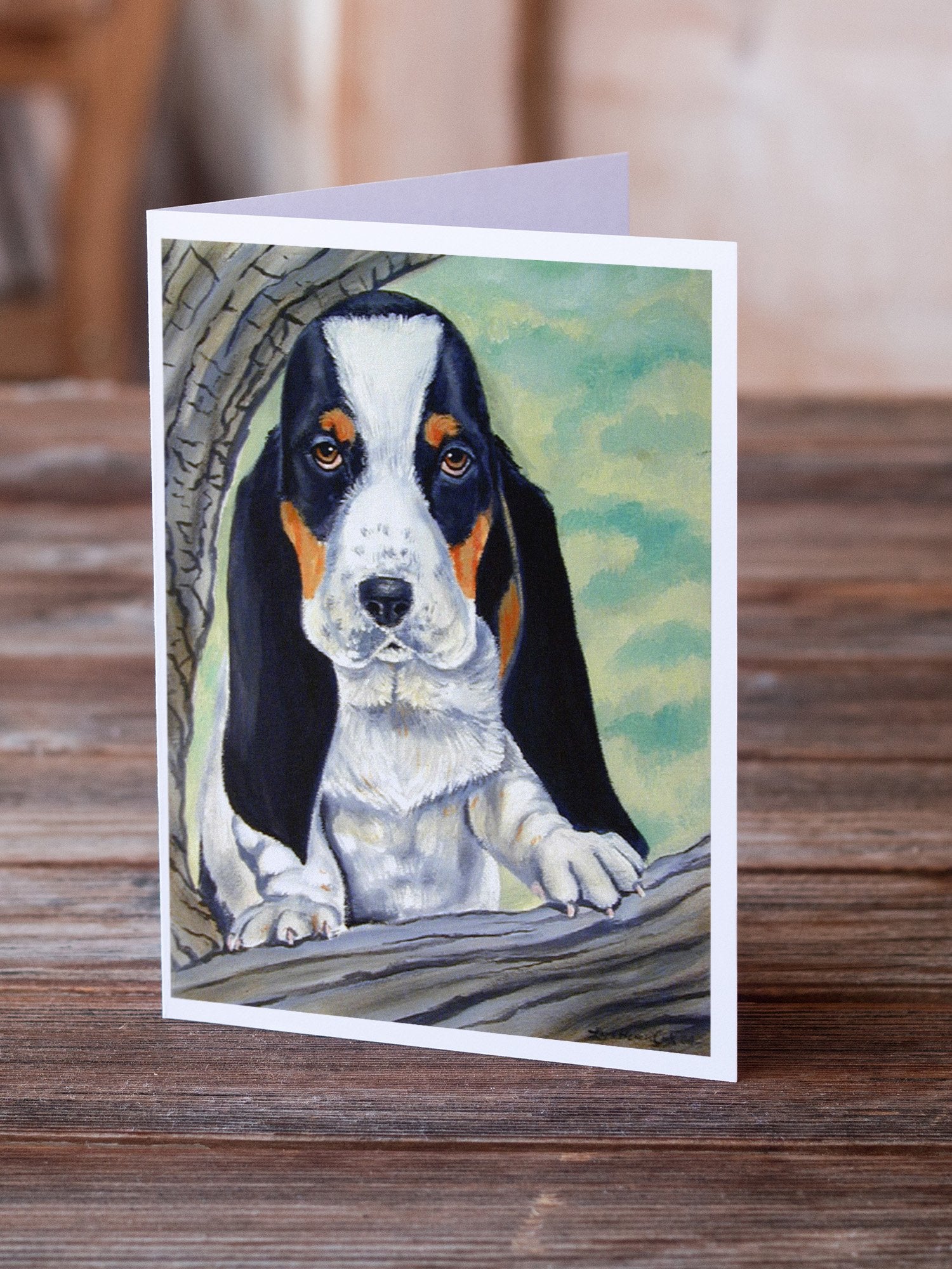 Basset Hound on the branch Greeting Cards and Envelopes Pack of 8 - the-store.com