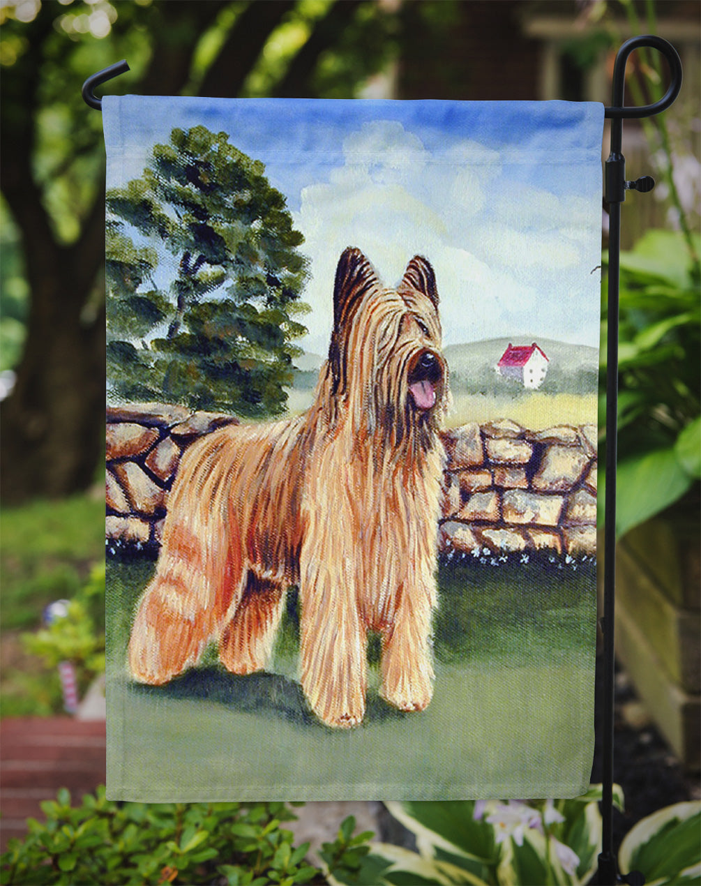 Briard by the stone fence Flag Garden Size