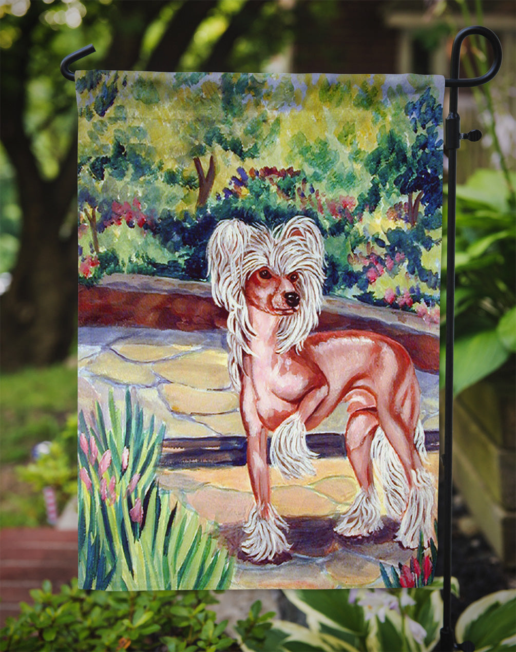 Chinese Crested on the patio  Flag Garden Size