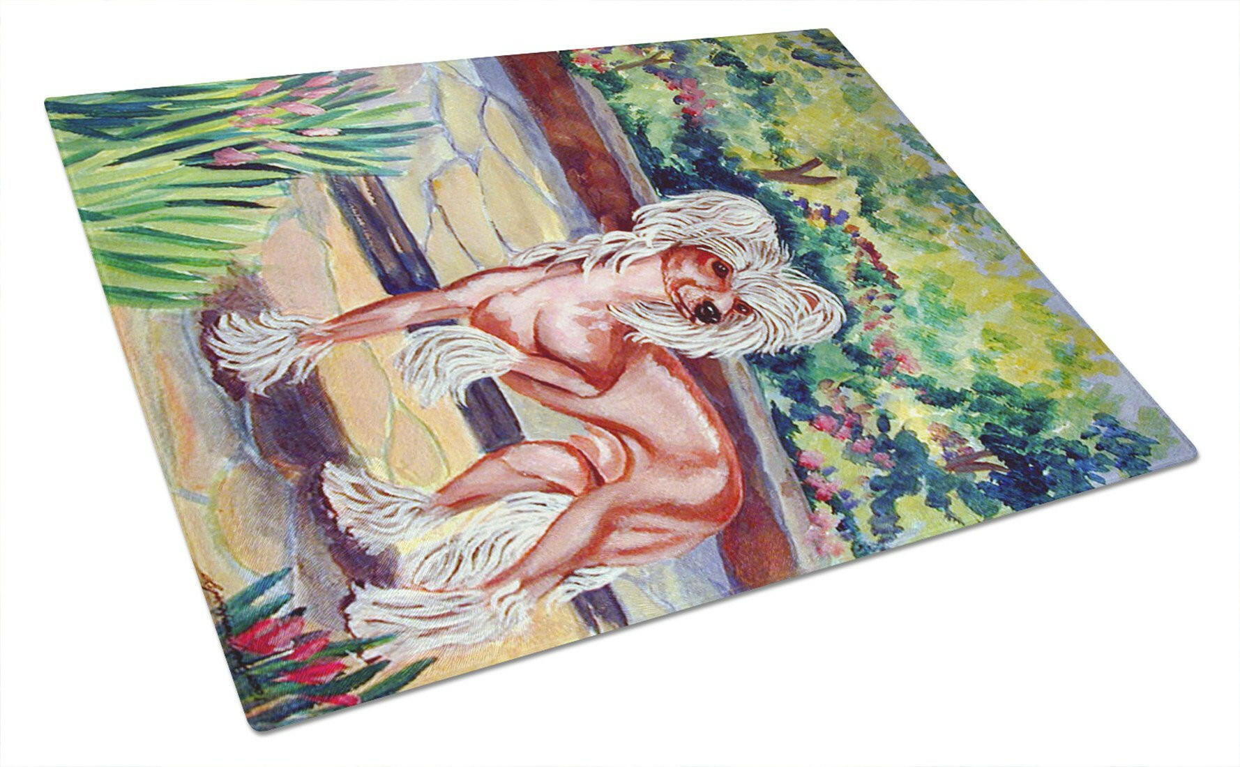 Chinese Crested on the patio  Glass Cutting Board Large by Caroline's Treasures