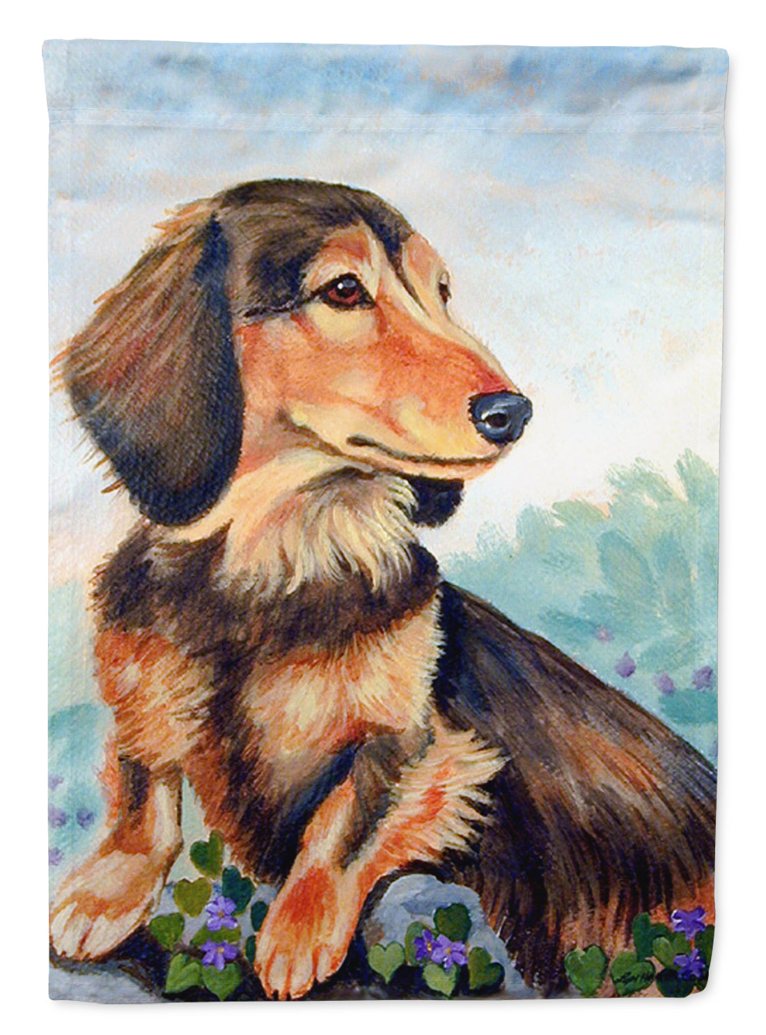 Dachshund chocolate and tan Long Haired Flag Garden Size.