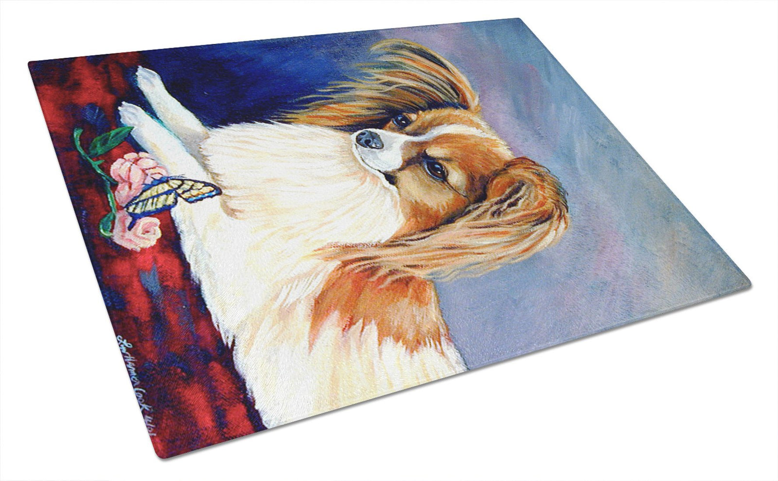 Sable Papillon with a Butterfly and rose Glass Cutting Board Large by Caroline's Treasures
