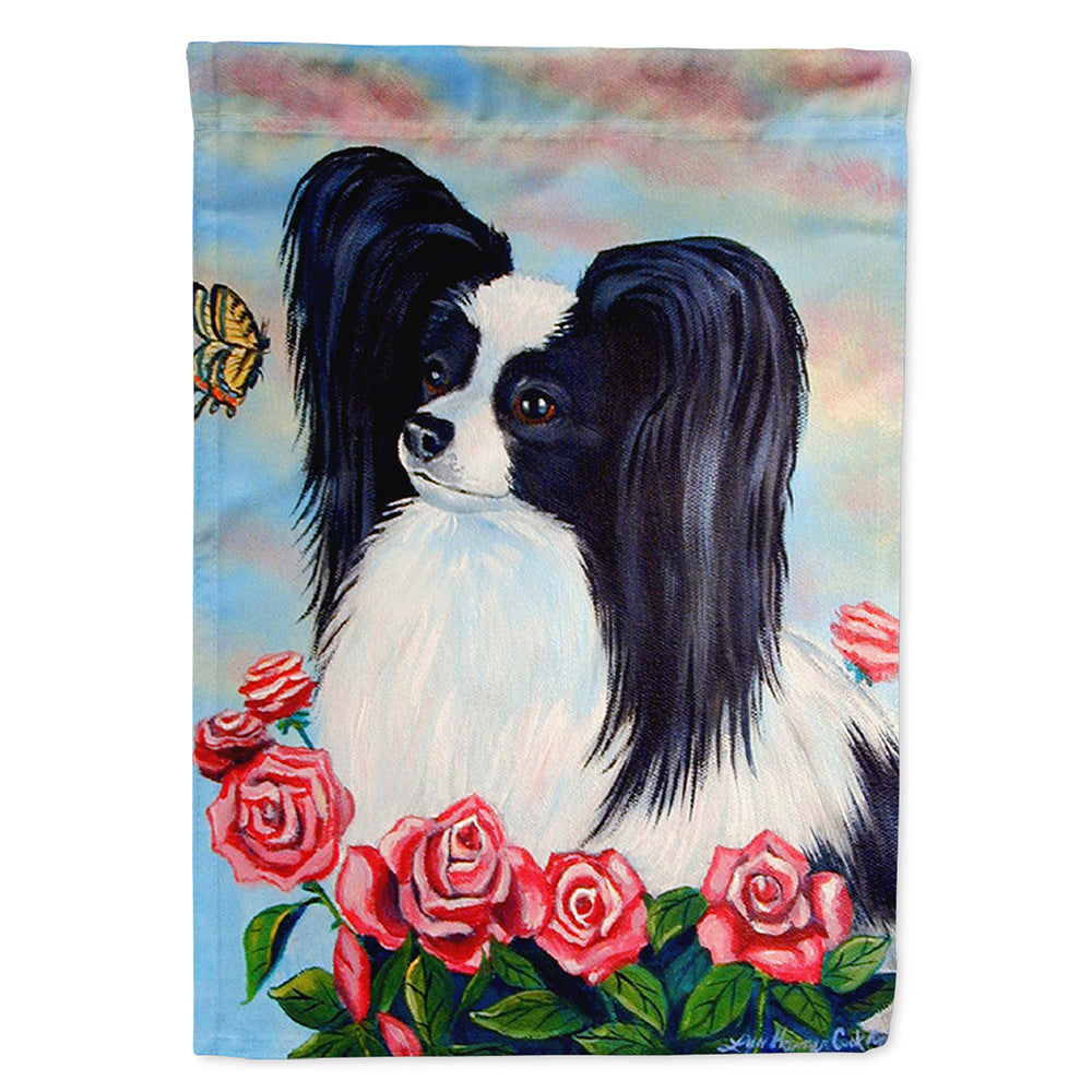 Black and White Papillon in Roses Flag Canvas House Size