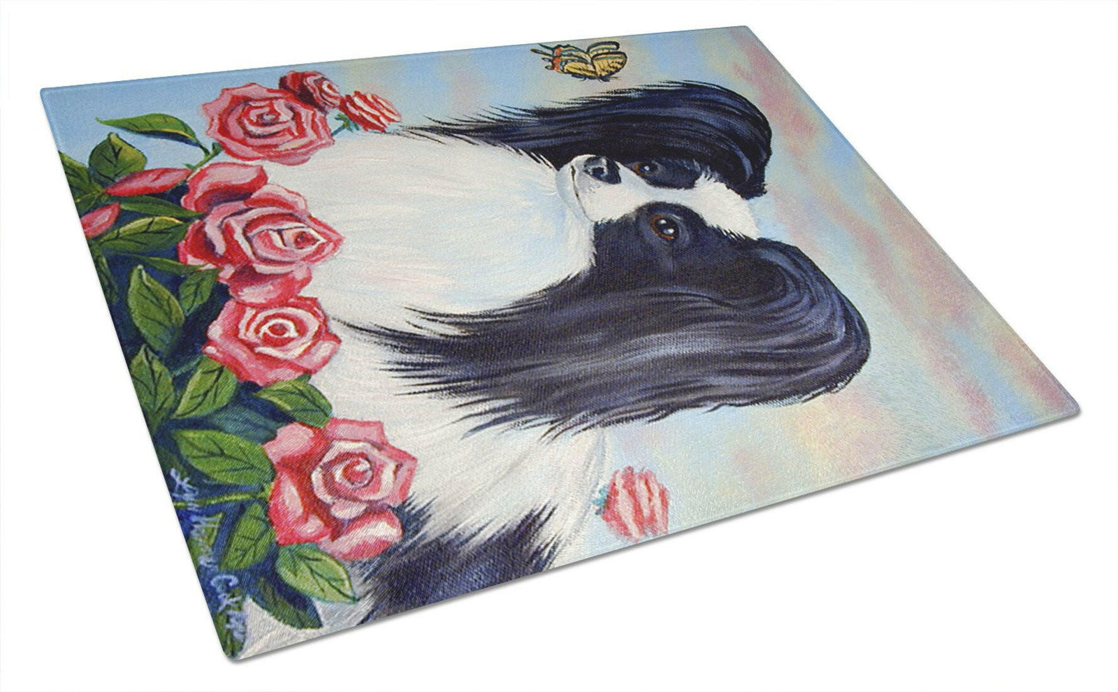 Black and White Papillon in Roses Glass Cutting Board Large by Caroline's Treasures