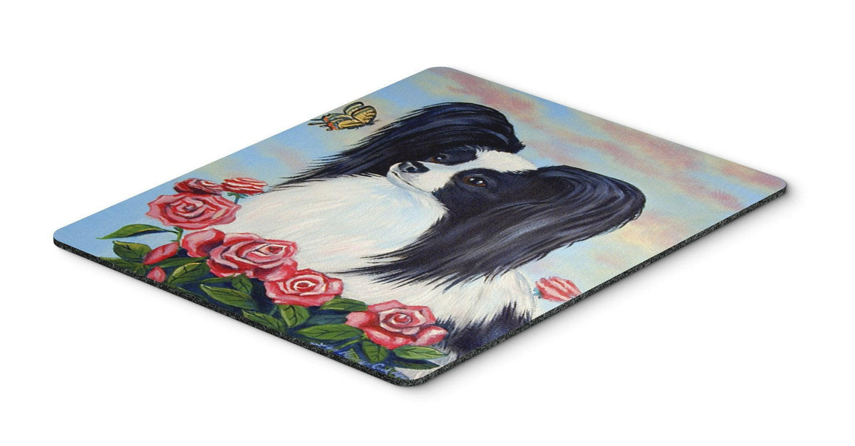 Black and White Papillon in Roses Mouse Pad, Hot Pad or Trivet by Caroline&#39;s Treasures