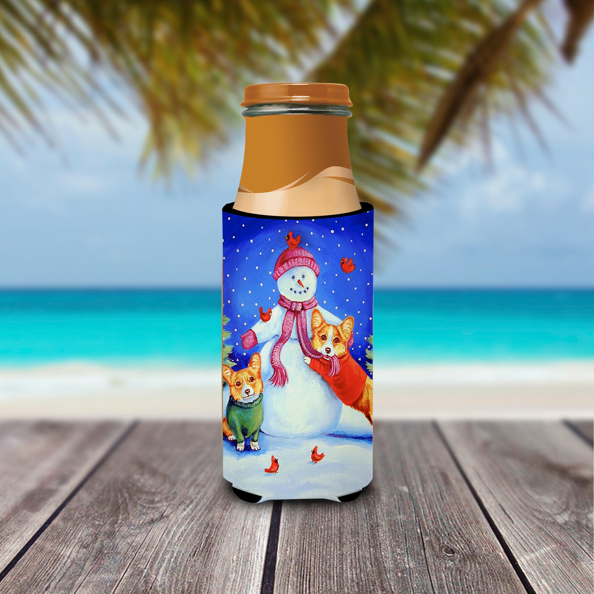 Snowman with Corgi Ultra Beverage Insulators for slim cans 7048MUK