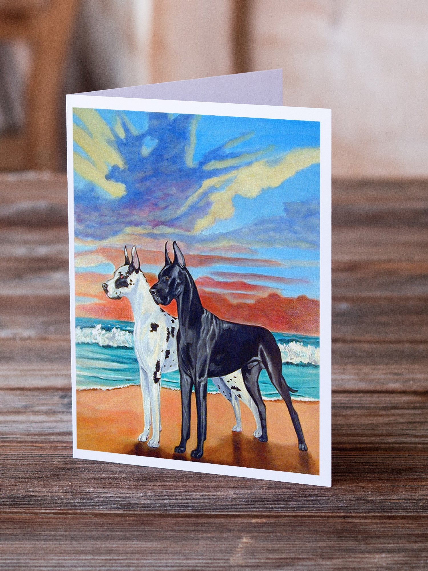 At sunset Great Dane Harlequin and Black Greeting Cards and Envelopes Pack of 8 - the-store.com