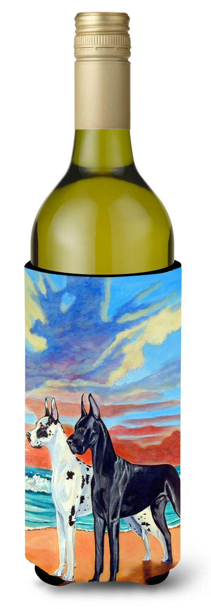 At sunset Great Dane Harlequin and Black Wine Bottle Beverage Insulator Beverage Insulator Hugger by Caroline&#39;s Treasures