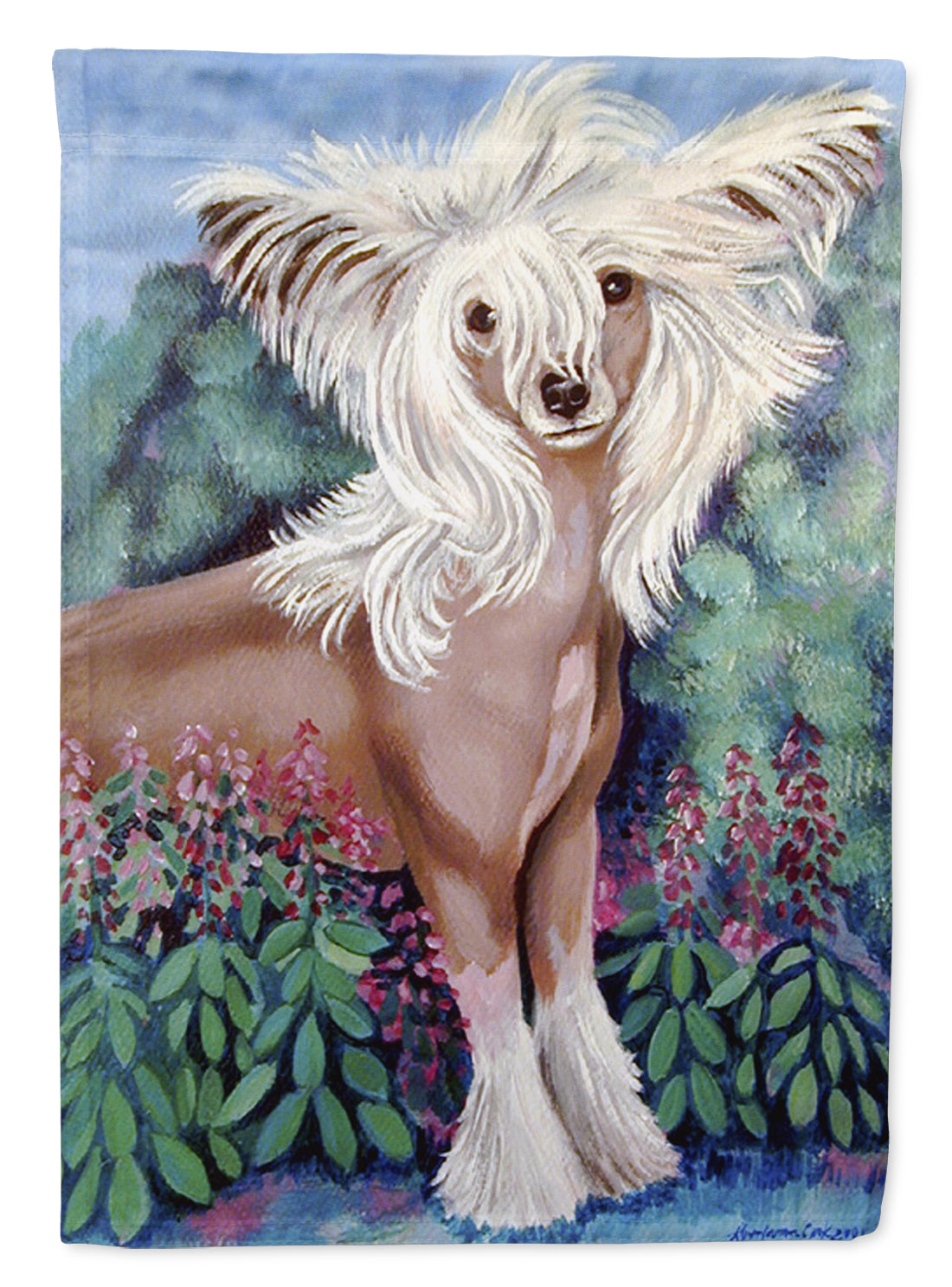 Chinese Crested in flowers  Flag Canvas House Size  the-store.com.
