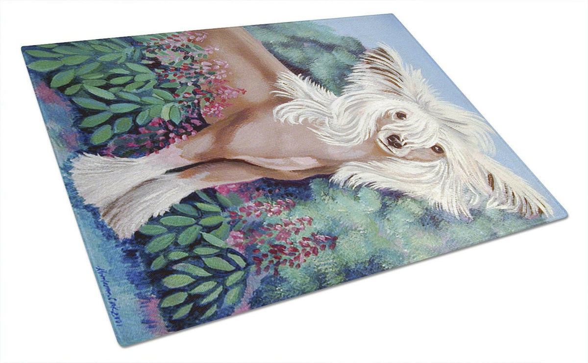 Chinese Crested in flowers  Glass Cutting Board Large by Caroline&#39;s Treasures