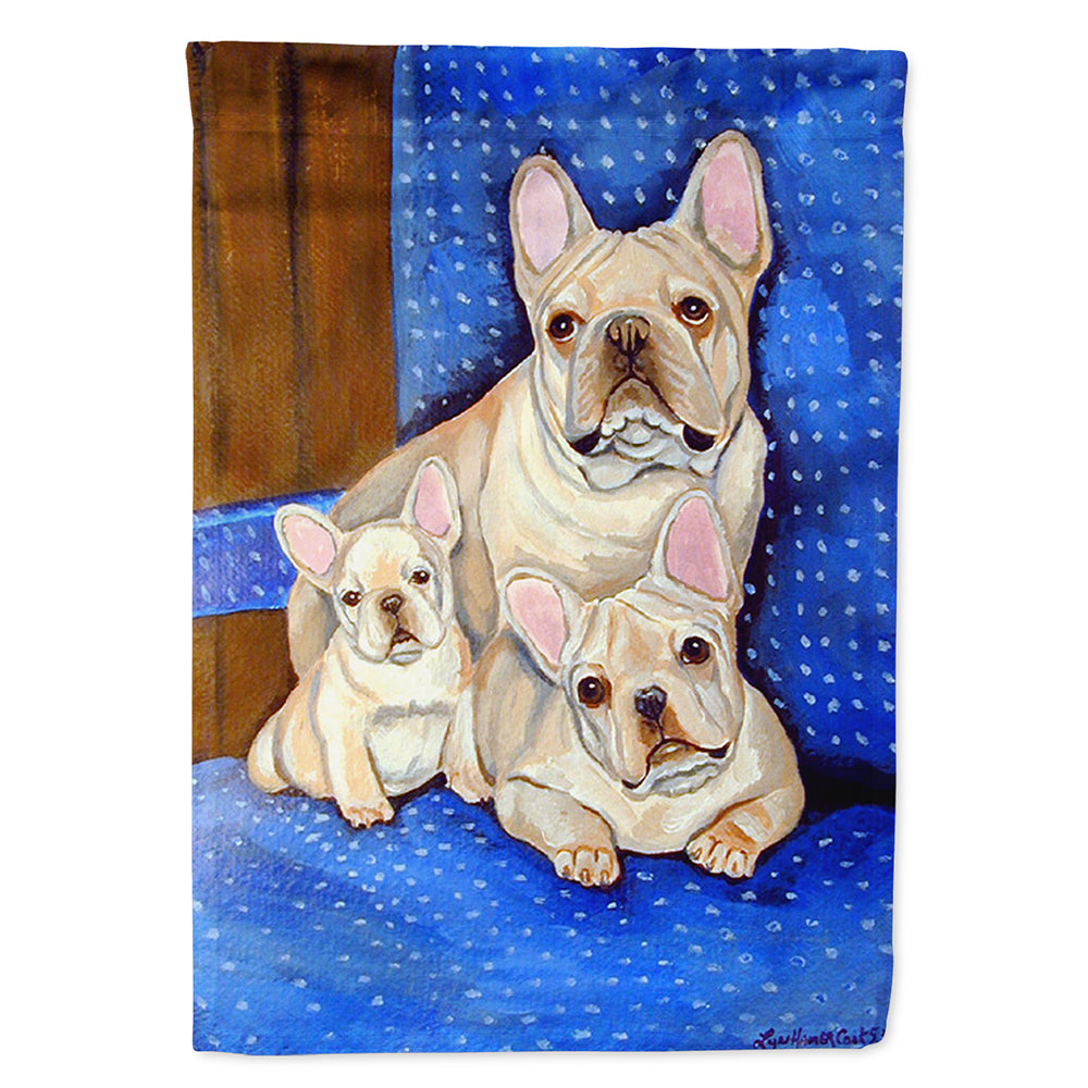 White Frenchies in Momma&#39;s Chair French Bulldog Flag Canvas House Size  the-store.com.